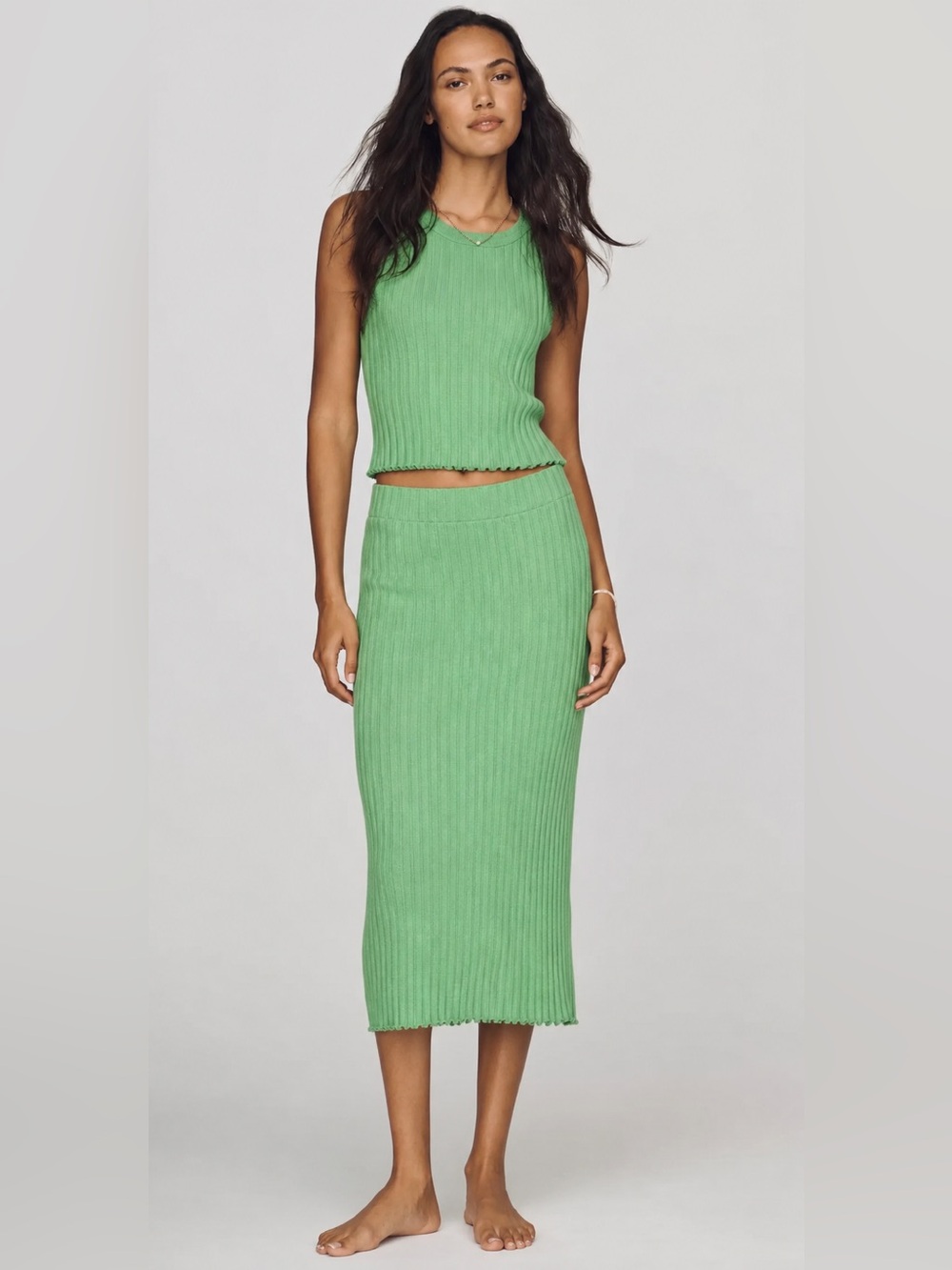 H&M Ribbed Midi Skirt and Tank in Light Green
